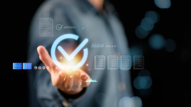 Digital transformation concept representing approval, trust, secure authentication with futuristic technology, symbolizing efficiency, innovation, successful electronic verification in modern business photo