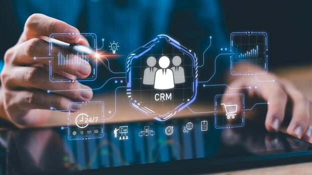 CRM digital transformation concept with business analytics, customer engagement, and data-driven solutions. Showcasing smart technology for sales growth, customer loyalty, and service optimization. photo