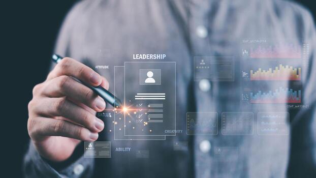 liderazgo evaluación concepto utilizando futurista digital analítica a evaluar actitud, habilidades, y capacidad. ideal para temas relacionado a futuro hora, ai en reclutamiento, y ejecutivo potencial. foto