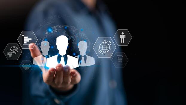Digital human resources concept with global connectivity and workforce icons representing employee management, data insights, and recruitment strategy, ideal for modern HR and talent operations. photo