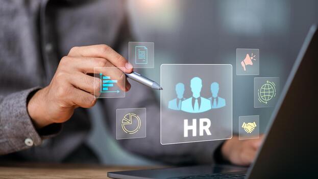 Digital HR interface with icons showing employee analytics, recruitment strategy, global connectivity, performance data, and teamwork solutions, illustrating modern human resources management. photo