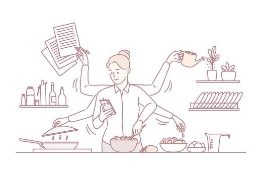 Woman multitasking in kitchen illustration vector