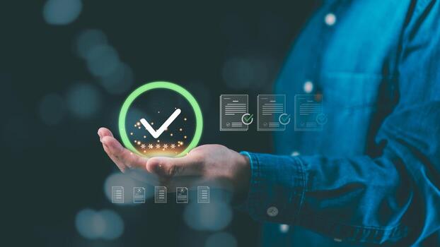 Digital approval and verification concept with glowing check mark, symbolizing trust, authentication, compliance, and certified business process in a modern digital system ,Business documents photo