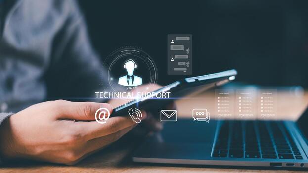 Modern concept of 24-7 technical support with multi-channel communication icons including chatbot, email, and phone. Ideal for digital service platforms, SaaS businesses, or IT helpdesk systems. photo