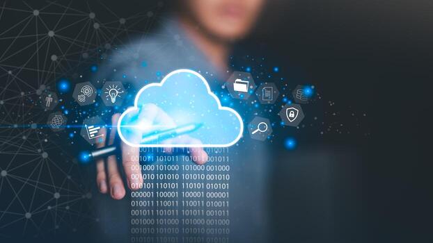 Cloud computing concept representing digital storage, secure data management, business innovation, and modern technology solutions for efficiency, scalability, and global digital transformation. photo