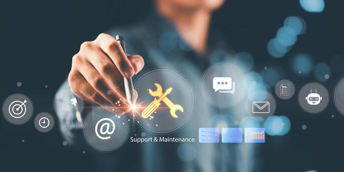 Modern digital concept of support and maintenance with tool icon, email, chat, AI, and analytics dashboard, representing smart IT solutions, problem solving, and efficient business service platforms. photo