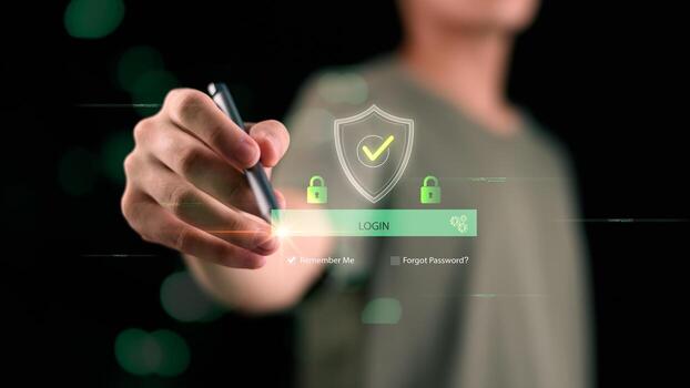 Login authentication, secure access interface, and identity verification in a futuristic digital environment. Perfect for cybersecurity visuals, user experience concepts, access control system UI. photo