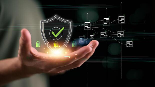 Cybersecurity and data protection concept showcasing document access control, digital trust, and secure file authorization in a futuristic tech interface. Ideal for modern IT infrastructure visuals. photo