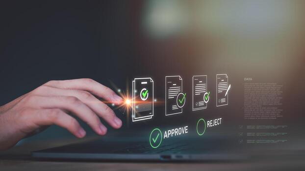 Concept of digital document approval and workflow automation, representing paperless business, e-signature verification, compliance, and efficiency in modern corporate digital transformation. photo