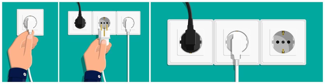 Hands using various electrical plugs vector