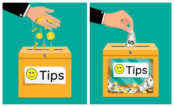 Tip jar with coins and cash vector