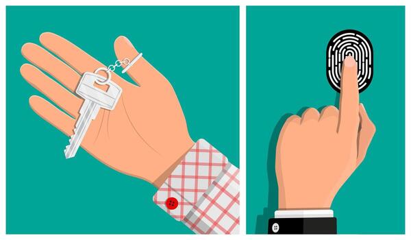 Hand holding key and fingerprint scanner vector