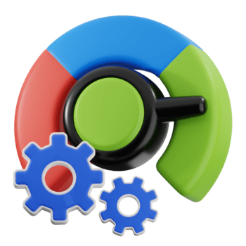 Vergrößerung Glas Analysieren Kuchen Diagramm mit Getriebe, optimieren Geschäft Strategie mit transparent Hintergrund png
