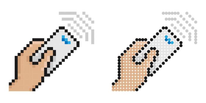 Pixel icon. Hand holds the TV control panel and presses the button vector