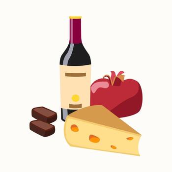 Wine, cheese, chocolate, and pomegranate. vector