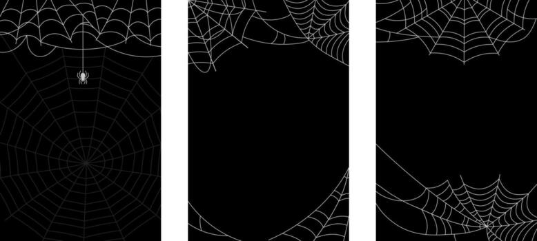 blanco araña web y arañas, telaraña en negro vertical antecedentes colocar, ilustración tarjeta, póster vector