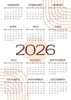2026 year calendar vertical page template. Week Start on Monday. Diary monthly planner of abstract boho line design vector