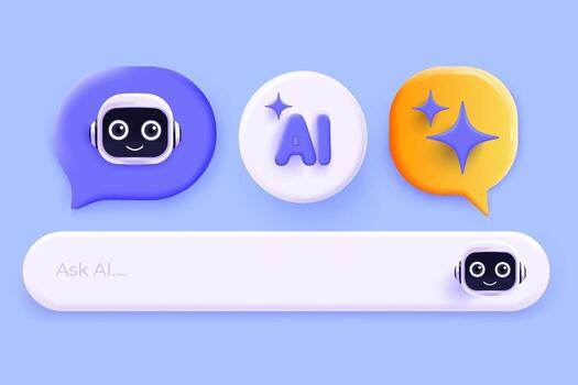 moderno 3d ilustración de ai chatbot interfaz con vistoso habla burbujas, texto entrada bar, y futurista iconos Perfecto para tecnología, aplicaciones, mensajería, y artificial inteligencia conceptos. vector