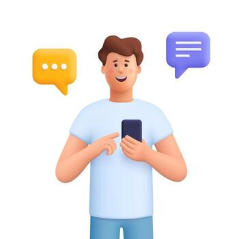 joven sonriente hombre James chateando y mecanografía en teléfono inteligente con habla burbuja. en línea charlar, enviando mensajes, comentarios, realimentación y social medios de comunicación. 3d personas personaje. dibujos animados mínimo estilo. vector