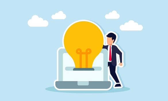 empresario en pie cerca un ligero emergente desde un monitor ilustración de consiguiendo negocio ideas desde hojeada en el Internet vector