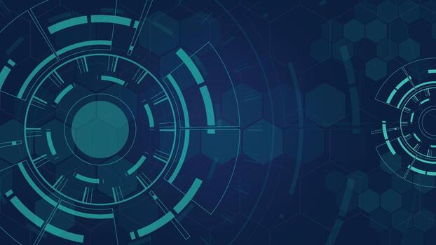 Abstract futuristic background featuring circular digital interface with hexagon pattern on dark blue surface, perfect for technology, innovation, data and cyber themes. vector