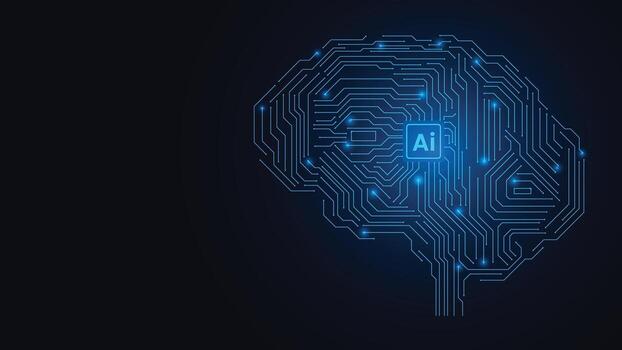 futurista ai cerebro antecedentes con brillante azul circuito líneas, digital tecnología tema, moderno artificial inteligencia diseño para innovación y tecnología proyectos vector