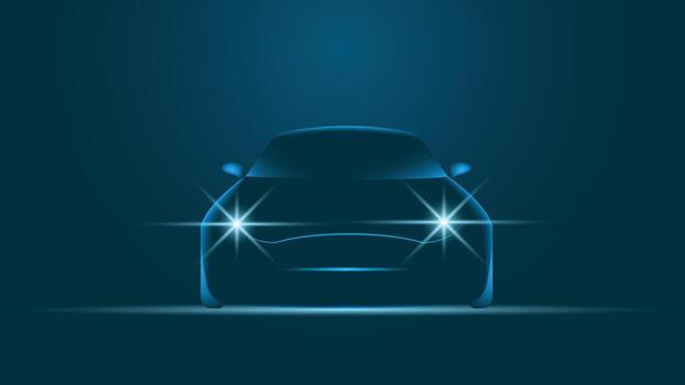 Stylish futuristic car front view with shining headlights on dark blue background, ideal for technology, automotive, modern design, and innovation themed creative projects vector