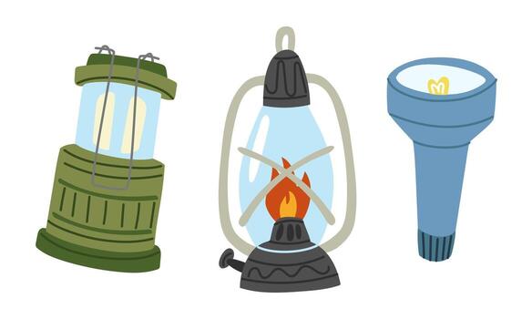 A set of items for lighting in nature. Flat isolated color illustration. Hand-held flashlight, kerosene lamp, LED flashlight. For lighting in the forest. Design for postcards. Picnics, hikes, camping vector