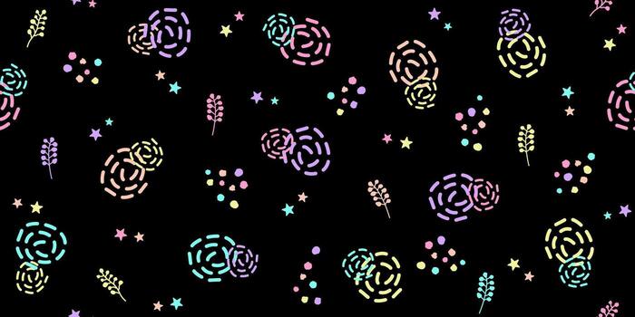 Pattern illustration of randomly scattered colorful hand drawn style dots and striped circles on black background vector