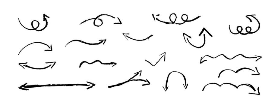 Hand drawn arrow with pencil sketch line. Crayon scribble marker stroke double direction sign. Fun curve with comic spiral scratch. Grunge texture art for note with squiggle paint in black color. vector