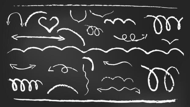 Chalk arrow and hand drawn brush line scribble. Doodle underline stroke and rough grunge icon element. Abstract chalkboard art with white charcoal sign and curve. Thin comic swirl and spiral ink. vector