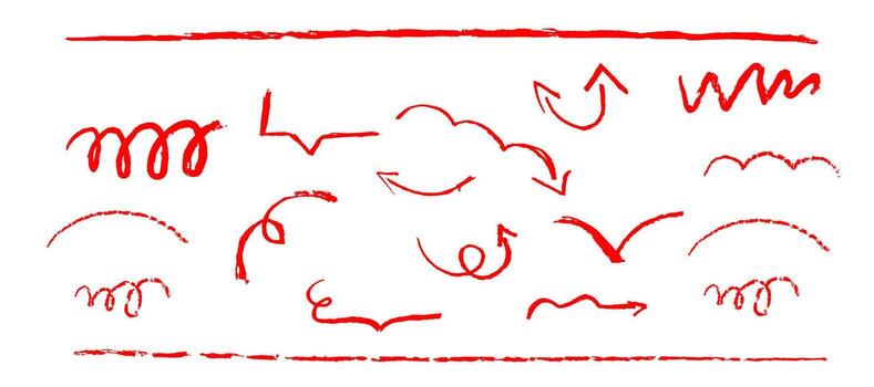 Red pencil arrow sketch. Crayon scribble line with doodle underline stroke and rough grunge texture. Sketchy emphasis curve and note squiggle frame. Charcoal text box art element on white background. vector