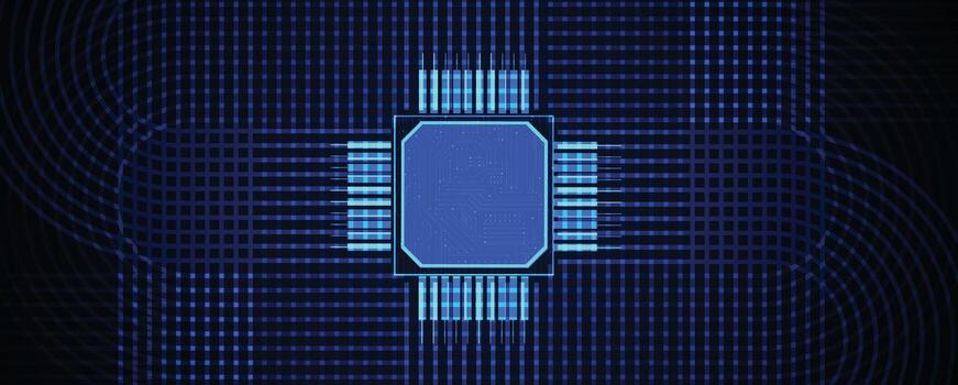 a blue computer chip on a black technology background vector