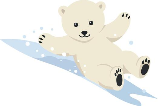 Polar bear cub sliding on ice illustration with playful expression and white background vector