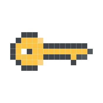 Pixel art illustration of a golden key in 8-bit retro style vector
