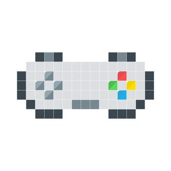 Pixel art illustration of a retro game controller with colorful buttons in 8-bit style vector