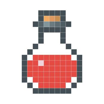 píxel Arte ilustración de un rojo poción botella lleno con líquido elixir en retro 8 bits estilo vector