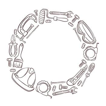 Circular frame border made of line art style construction and repair tool on white background with empty center space for text or design. vector