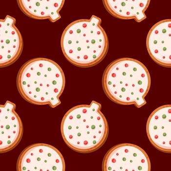 Seamless pattern with Gingerbread cookie in shape of Christmas ball in cartoon style. Repetitive New Year baubles print. vector