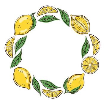 Circular frame border made of fresh lemon slices and green leaves arranged in wreath pattern on white background with empty center space in flat style. vector