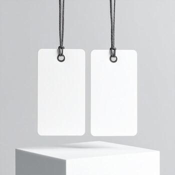 Minimalistic product tag mockup. Two blank white rectangular paper tags with a subtle ,, photo