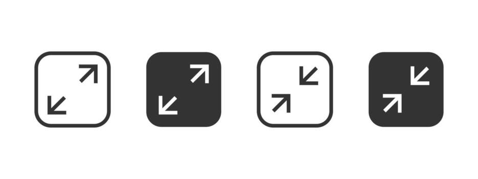 Expand icon. Diagonal arrows indicating fullscreen or minimize action button illustration. Resize or toggle screen view symbol. Windowed and fullscreen mode sign. Display adjustment pictogram. vector