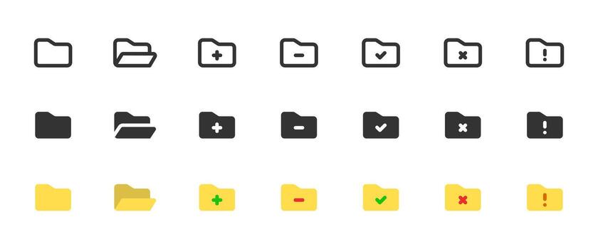Folder icon set. File folder with add, remove, error or check badge illustration. Document management UI symbol. Folder alert or status control sign. Minimal clean pictogram. vector