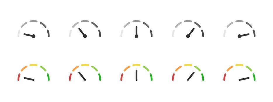 Speedometer gauge icon set. Performance or status levels illustration. Used for dashboards, monitoring, control and analytics symbol. Ideal for UI, apps and web interfaces sign. vector