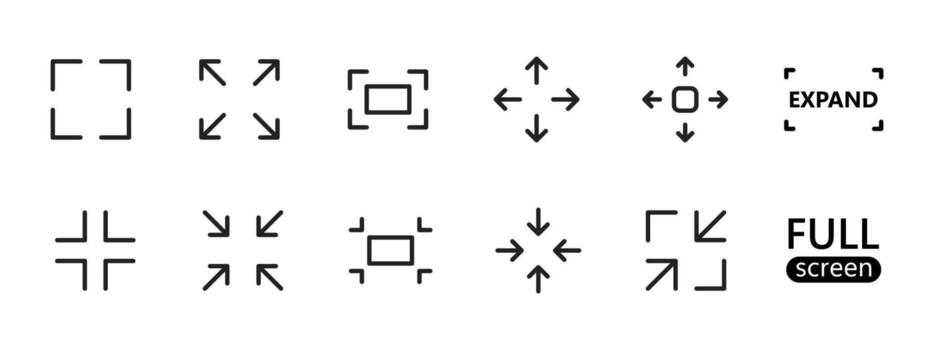 Fullscreen icon set. Expand and minimize screen view with directional arrows illustration. Resize and adjust display symbol. Zoom control sign. Screen mode adjustment pictogram. vector