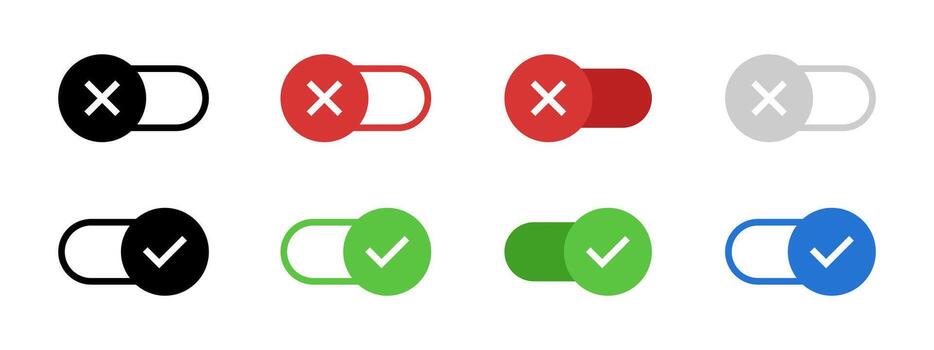 Toggle button icon. On and off switch with check mark and cross illustration. Interface control for enabling or disabling options symbol. Mobile and web UI settings sign. vector