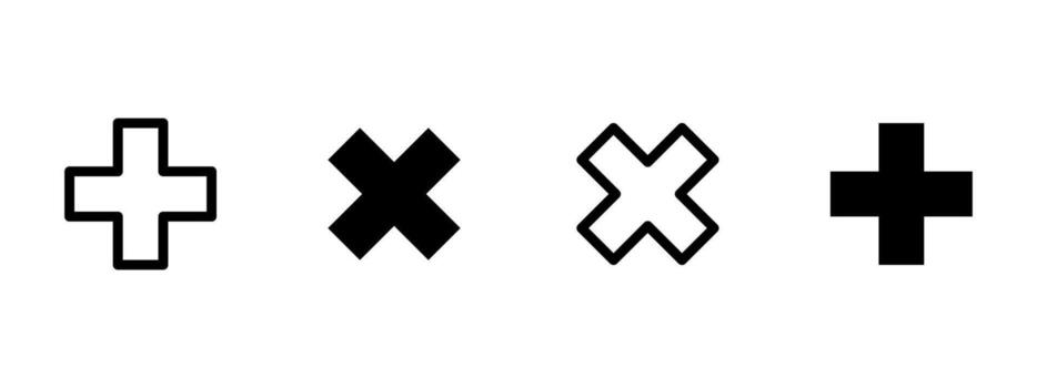 Cross and cancel icon. Plus and X symbols in outlined and filled styles illustration. Medical, interface and dialog button symbol. UI and design interaction sign. Multipurpose pictogram. vector