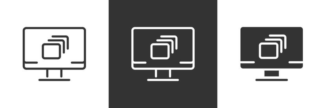 Computer windows icon. Monitor screen with layered tabs and multiple application interface illustration. Digital workspace for multitasking software management symbol. Program tool sign. vector