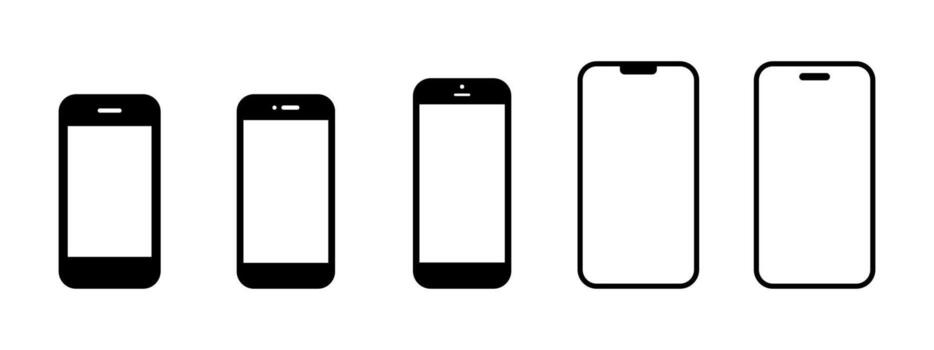 Smartphone mockup icon set. Different mobile phone designs with touchscreens illustration. Portable communication device for calls, apps and media symbol. Modern digital gadget sign. vector