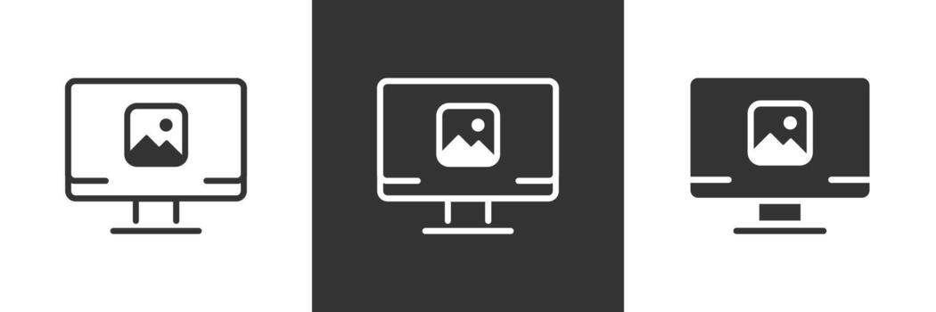 Computer image icon. Monitor screen with photo gallery picture illustration. Digital multimedia content on desktop display symbol. Snapshot and artwork file sign. vector